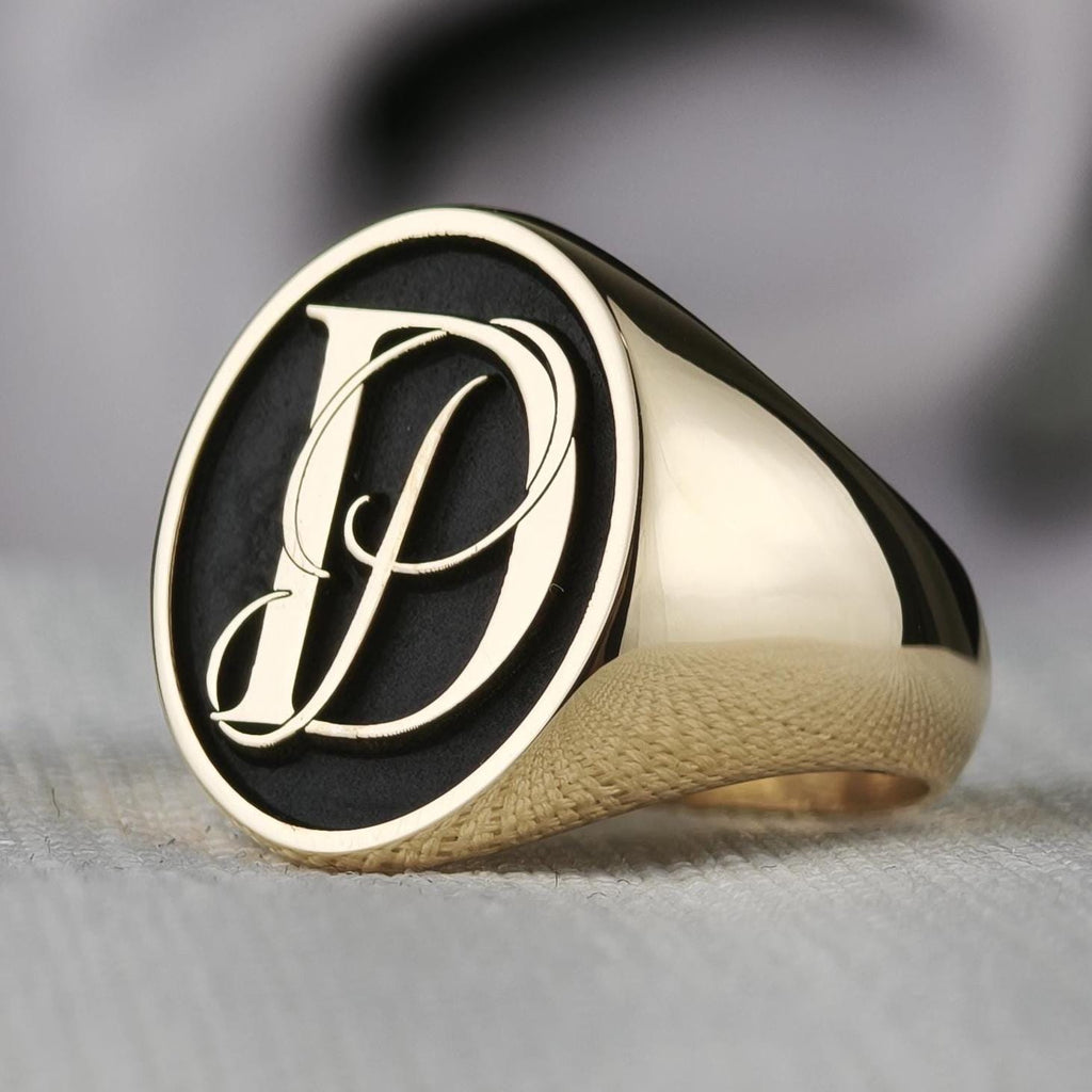 18K Gold Initial Signet Ring, Black Face Custom Monogram