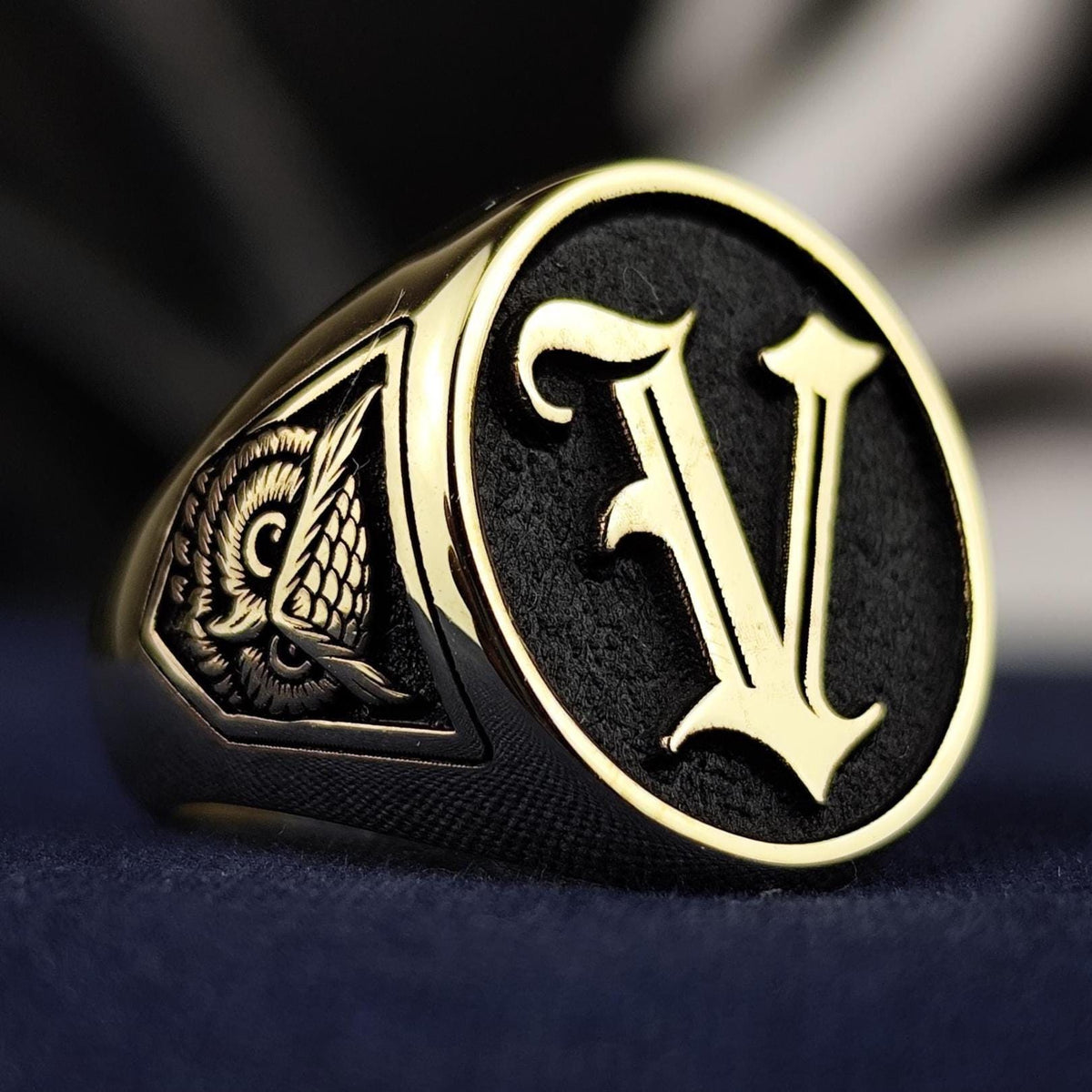 10K Gold Custom Initial Signet Ring, Gothic Letter Owl Symbol