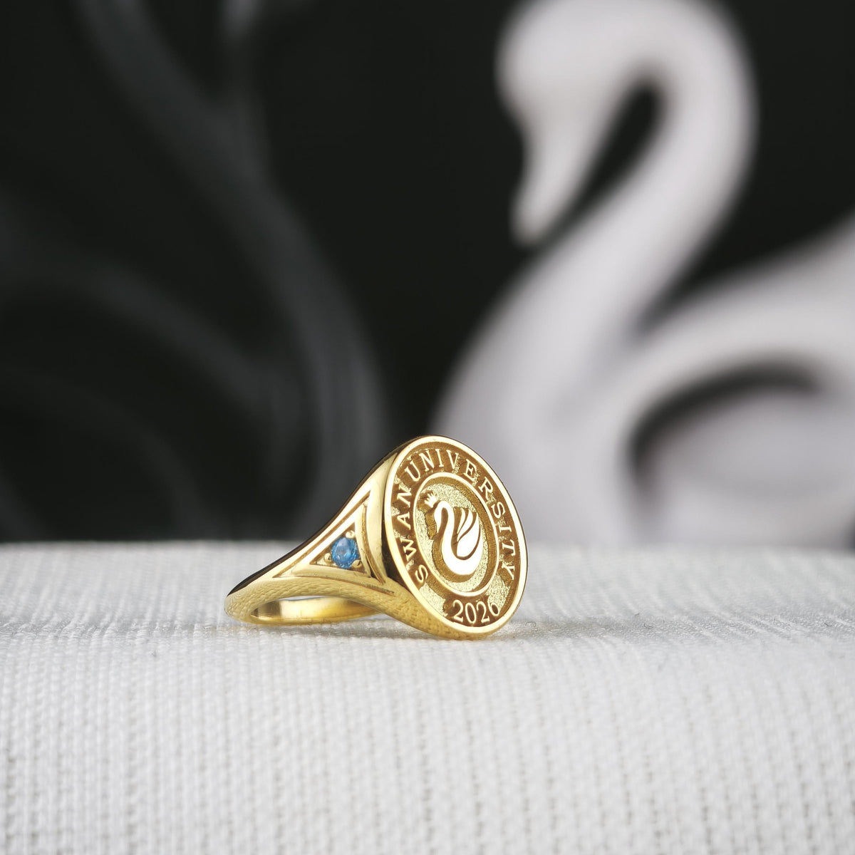 Custom University Signet Ring, Gold Plated Graduation Ring with Blue Accents