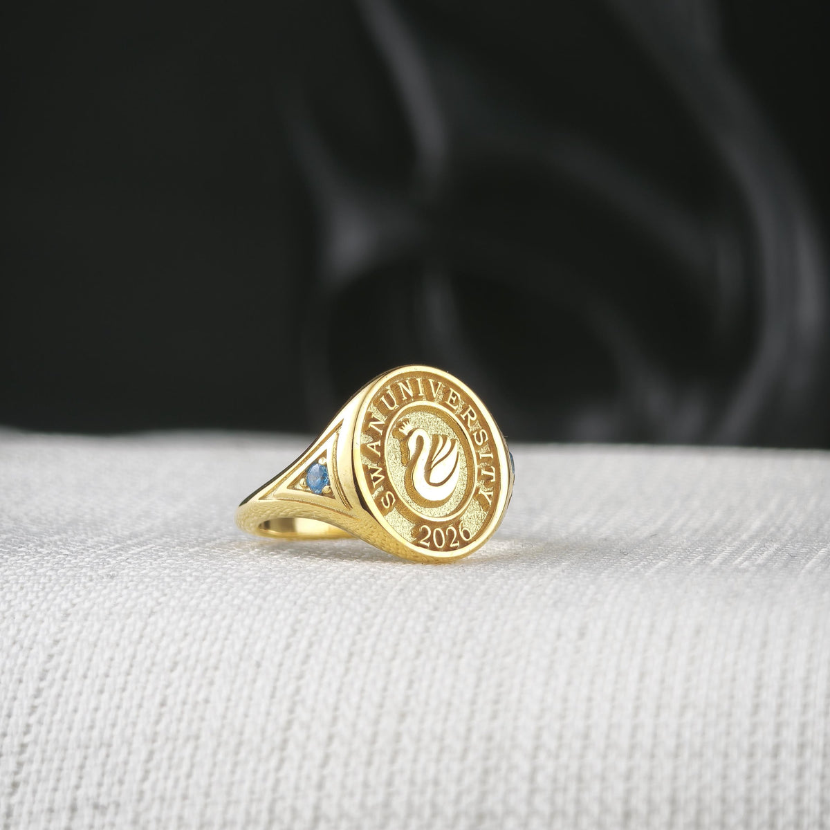 Custom University Signet Ring, Gold Plated Graduation Ring with Blue Accents