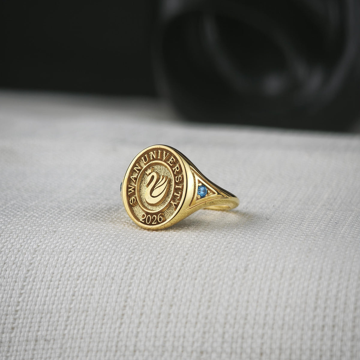 Custom University Signet Ring, Gold Plated Graduation Ring with Blue Accents