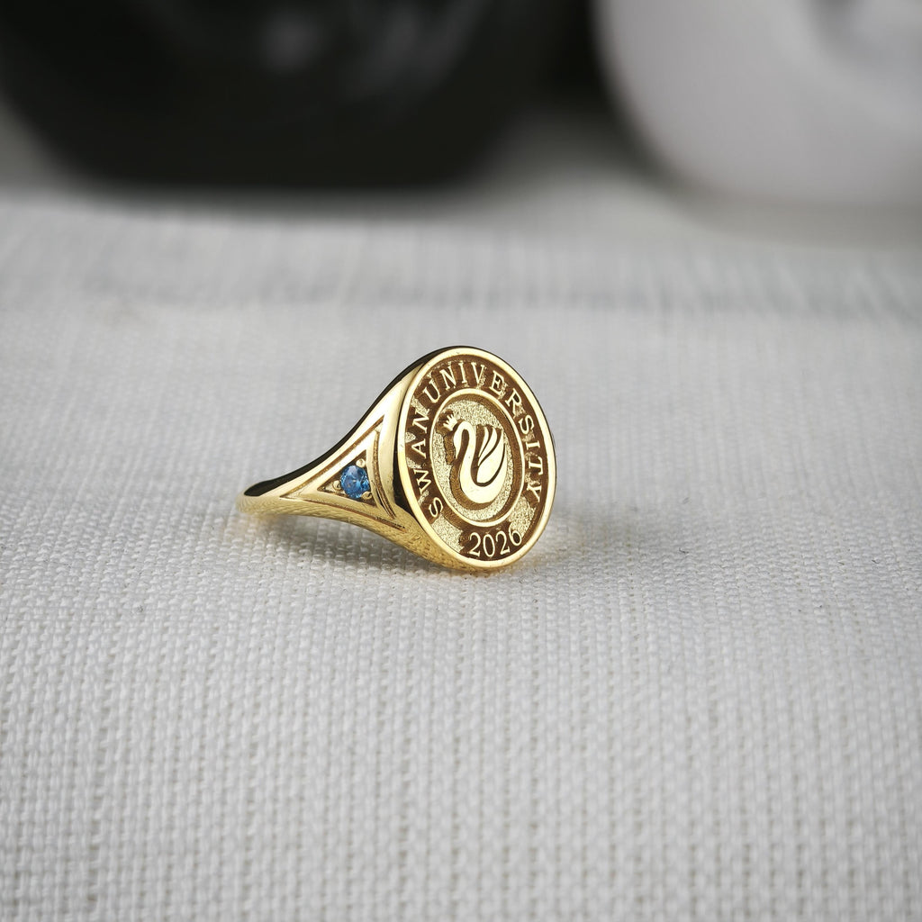 Custom University Signet Ring, Gold Plated Graduation Ring with Blue Accents