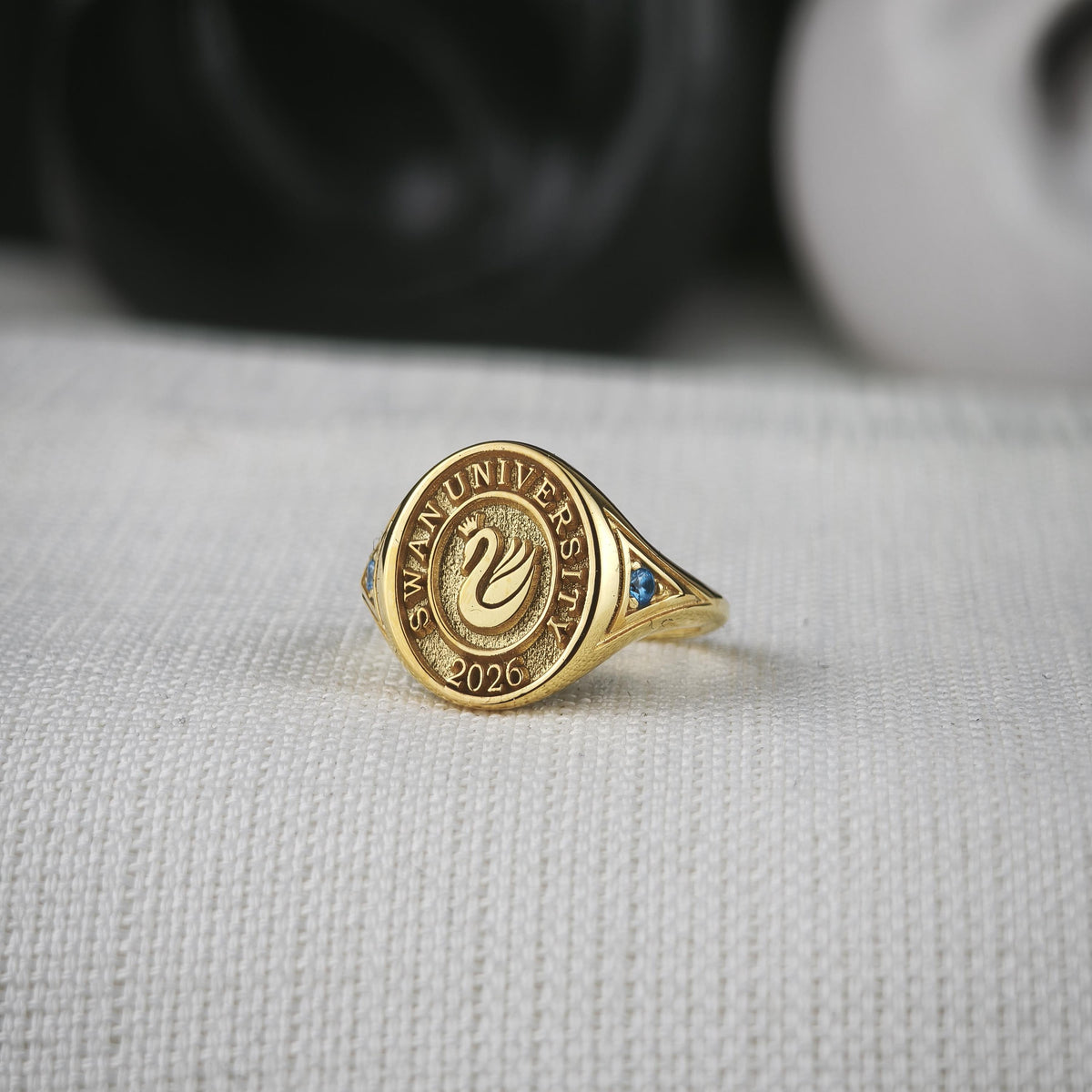 Custom University Signet Ring, Gold Plated Graduation Ring with Blue Accents