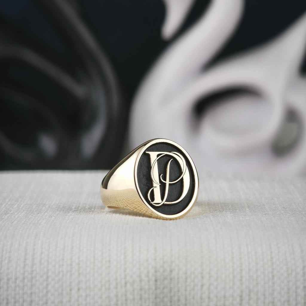 18K Gold Initial Signet Ring, Black Face Custom Monogram