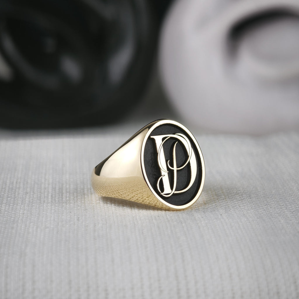 18K Gold Initial Signet Ring, Black Face Custom Monogram