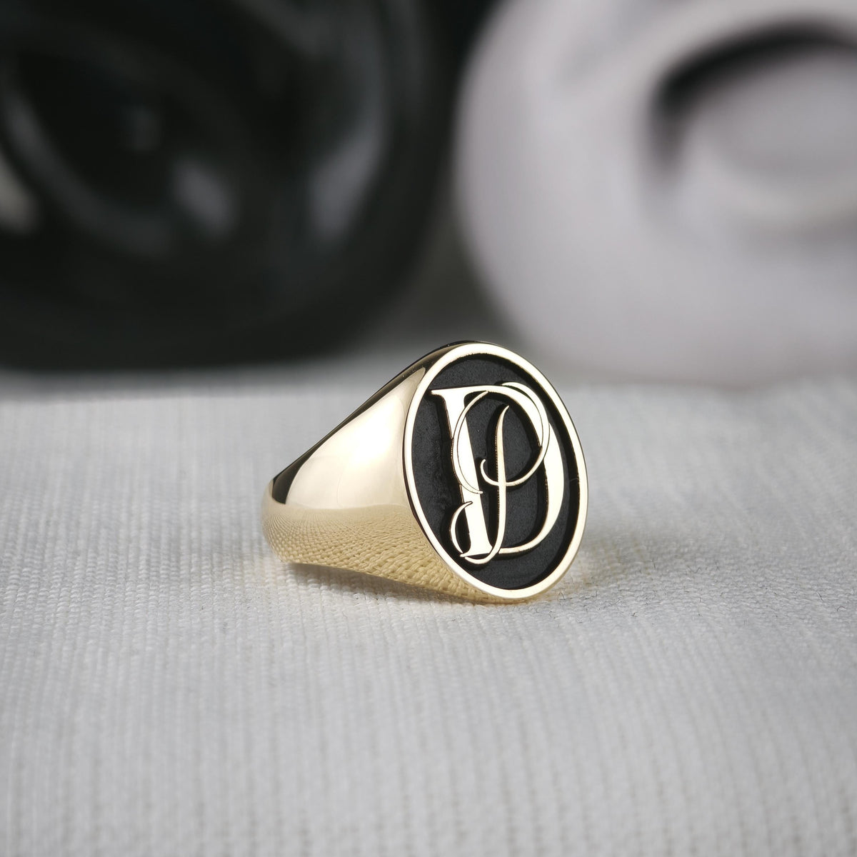 18K Gold Initial Signet Ring, Black Face Custom Monogram