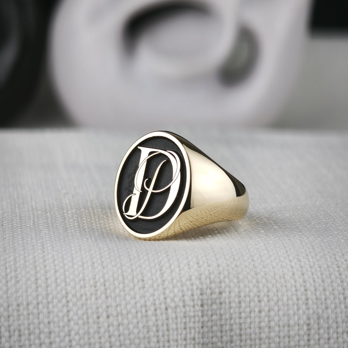 18K Gold Initial Signet Ring, Black Face Custom Monogram