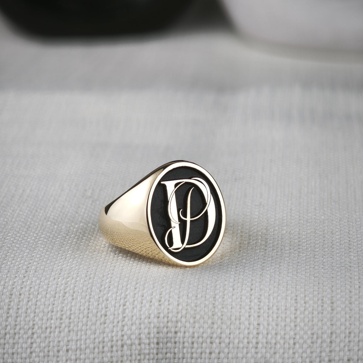 18K Gold Initial Signet Ring, Black Face Custom Monogram