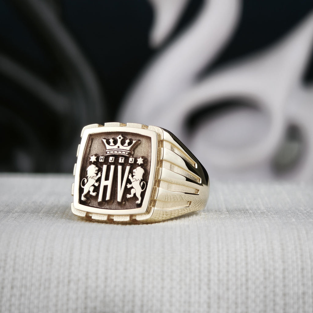 Custom Family Crest Signet Ring, Square Coat of Arms in Sterling Silver or Gold