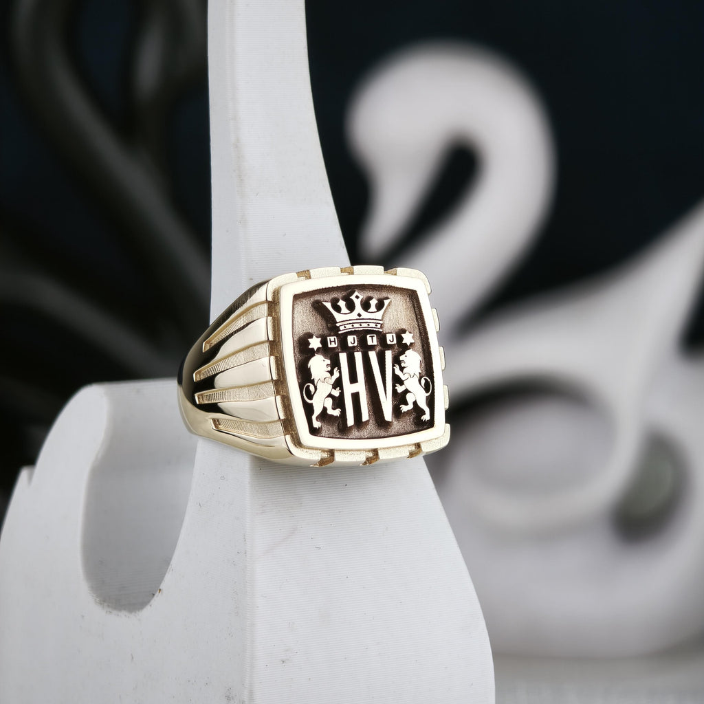 Custom Family Crest Signet Ring, Square Coat of Arms in Sterling Silver or Gold