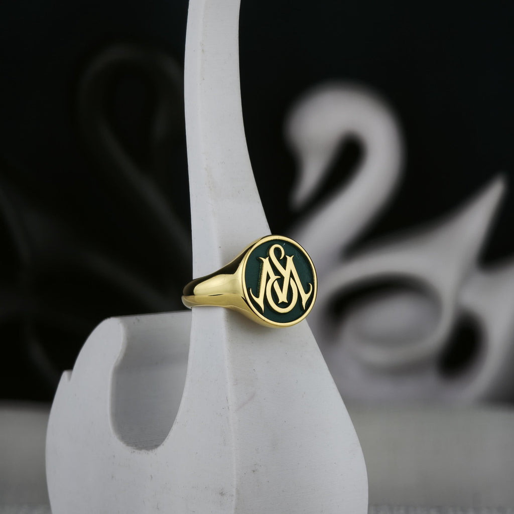 Green Monogram Signet Ring, Custom Two Initial Round Design in Sterling Silver or Gold