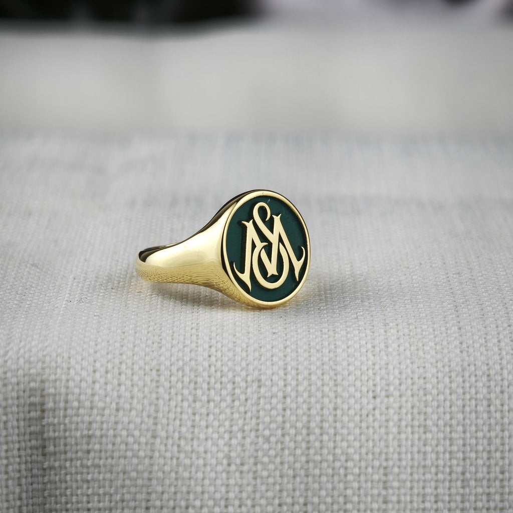 Green Monogram Signet Ring, Custom Two Initial Round Design in Sterling Silver or Gold