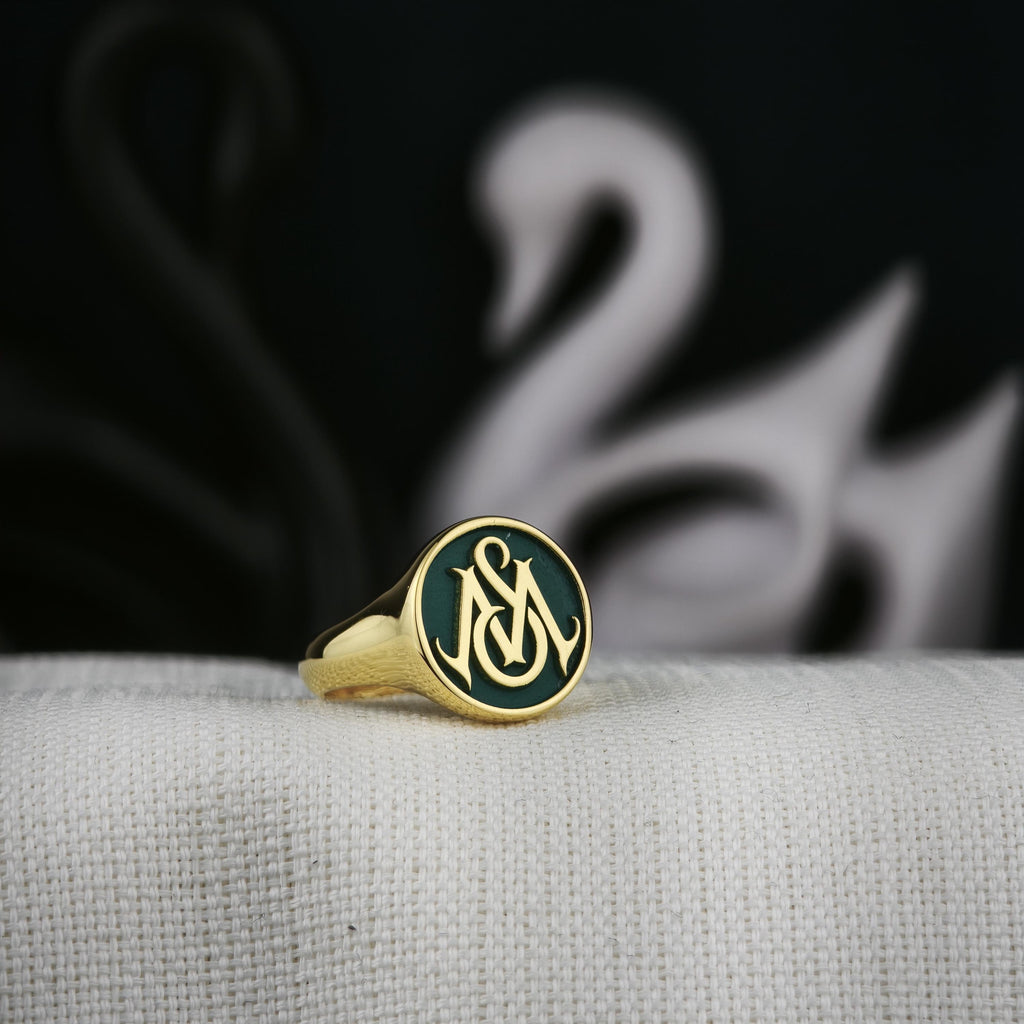 Green Monogram Signet Ring, Custom Two Initial Round Design in Sterling Silver or Gold