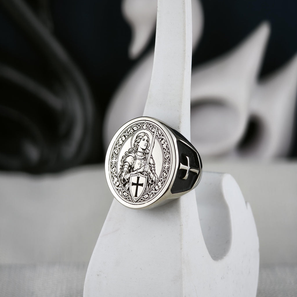 Sterling Silver Saint Joan of Arc Signet Ring, Medieval Armor, Cross Emblem, Oxidized Finish