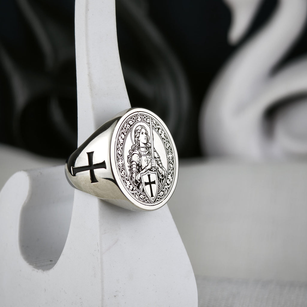 Sterling Silver Saint Joan of Arc Signet Ring, Medieval Armor, Cross Emblem, Oxidized Finish