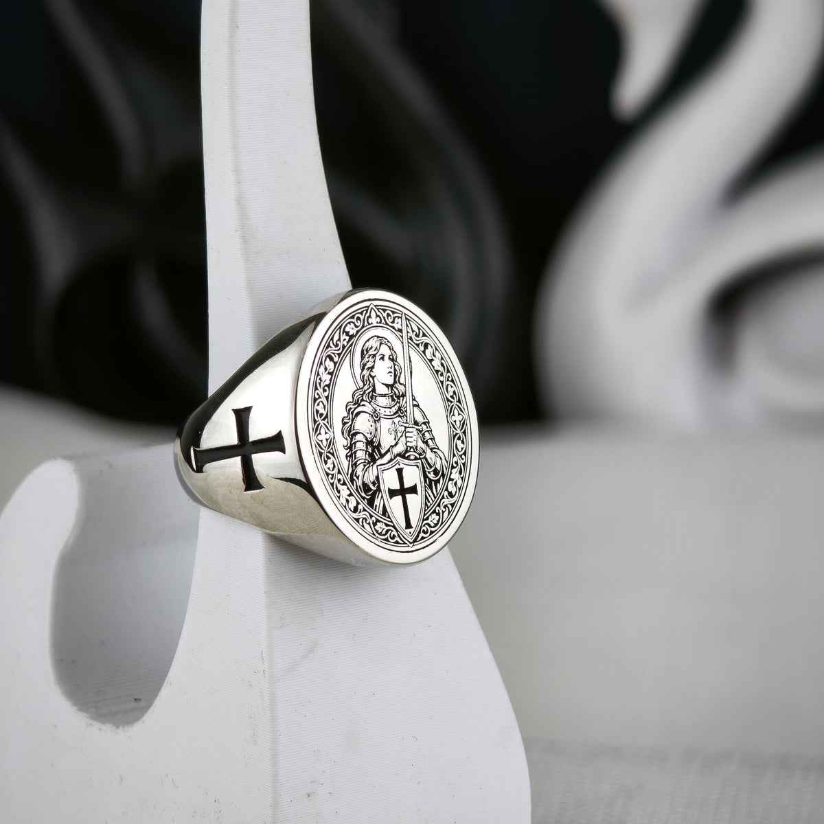 Sterling Silver Saint Joan of Arc Signet Ring, Medieval Armor, Cross Emblem, Oxidized Finish