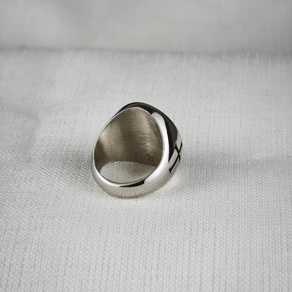 Sterling Silver Saint Joan of Arc Signet Ring, Medieval Armor, Cross Emblem, Oxidized Finish