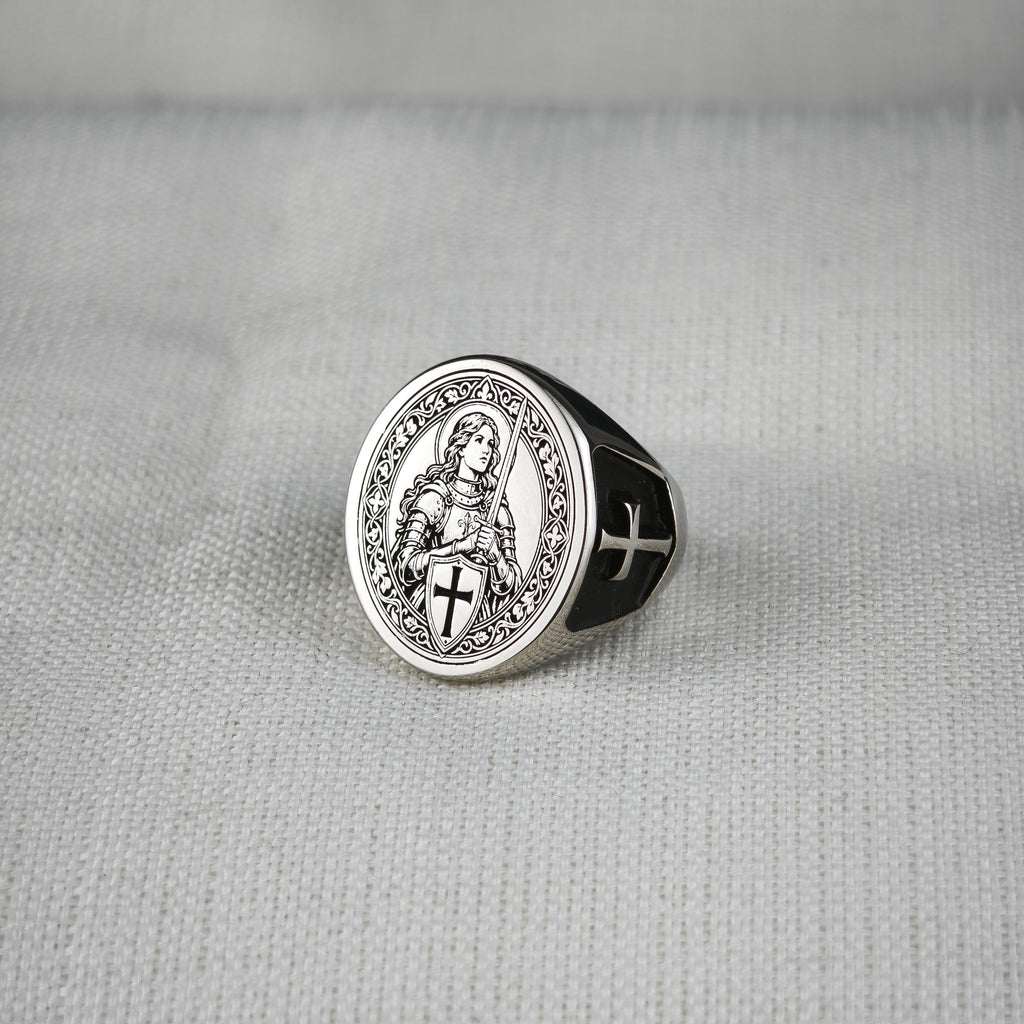 Sterling Silver Saint Joan of Arc Signet Ring, Medieval Armor, Cross Emblem, Oxidized Finish