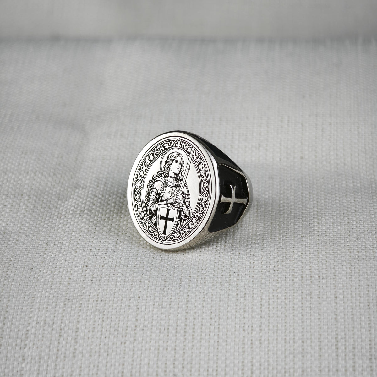 Sterling Silver Saint Joan of Arc Signet Ring, Medieval Armor, Cross Emblem, Oxidized Finish