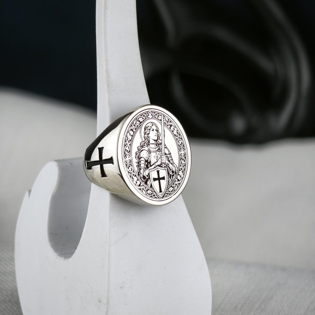 Sterling Silver Saint Joan of Arc Signet Ring, Medieval Armor, Cross Emblem, Oxidized Finish
