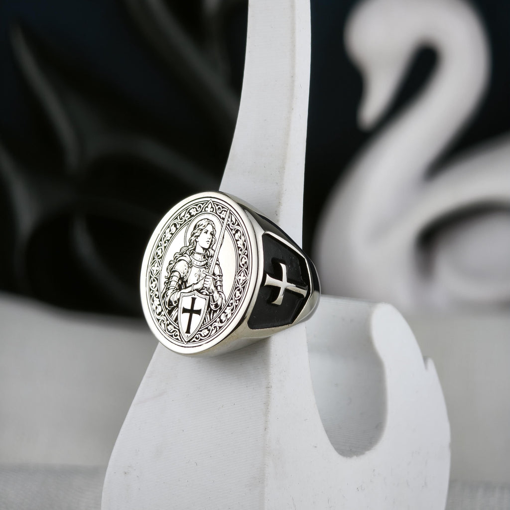 Sterling Silver Saint Joan of Arc Signet Ring, Medieval Armor, Cross Emblem, Oxidized Finish