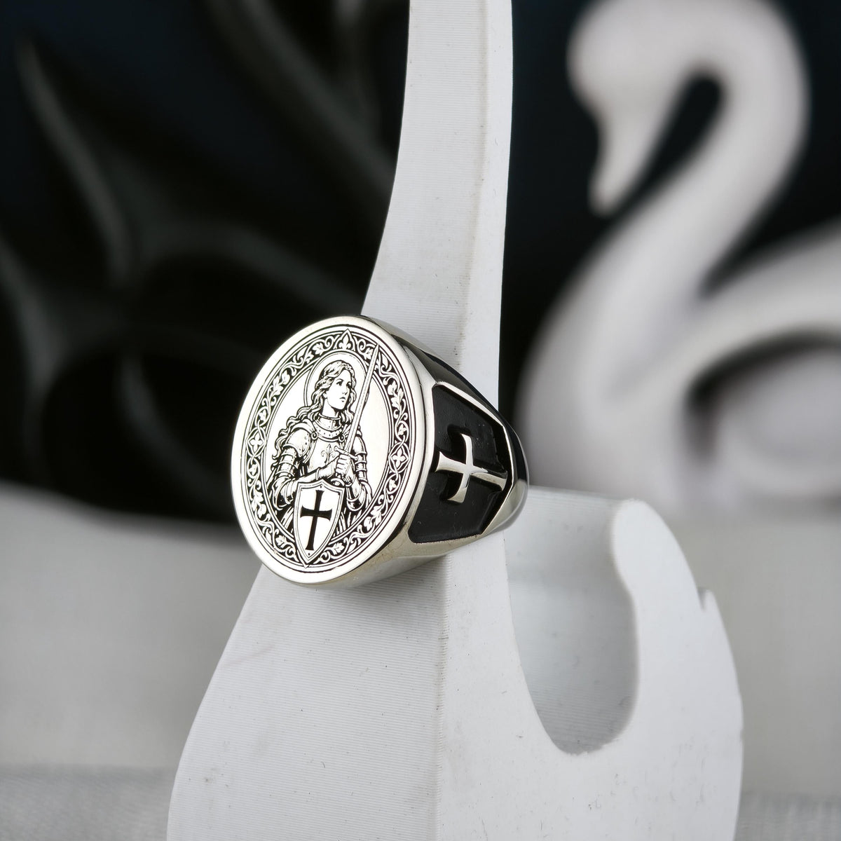 Sterling Silver Saint Joan of Arc Signet Ring, Medieval Armor, Cross Emblem, Oxidized Finish