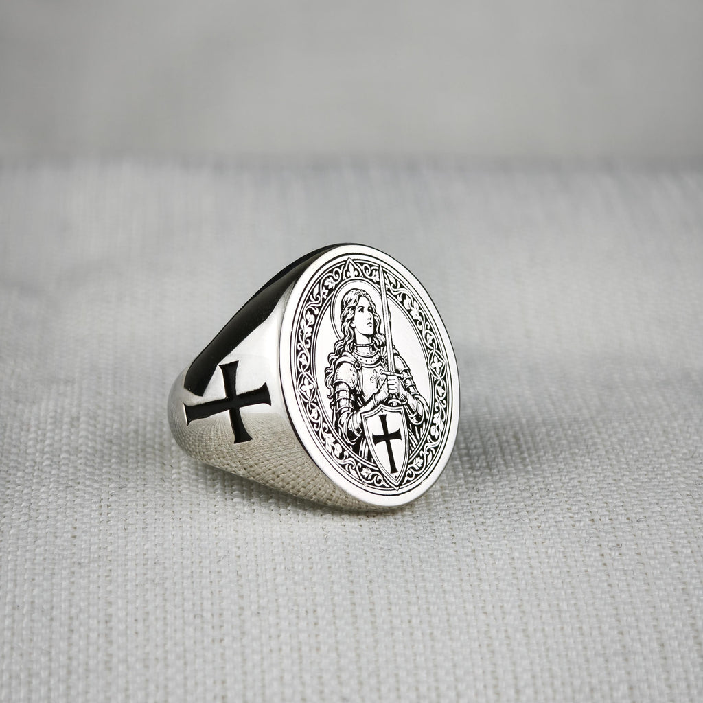Sterling Silver Saint Joan of Arc Signet Ring, Medieval Armor, Cross Emblem, Oxidized Finish