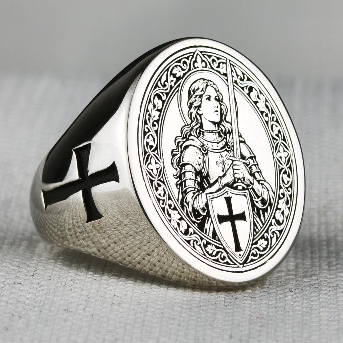 Sterling Silver Saint Joan of Arc Signet Ring, Medieval Armor, Cross Emblem, Oxidized Finish