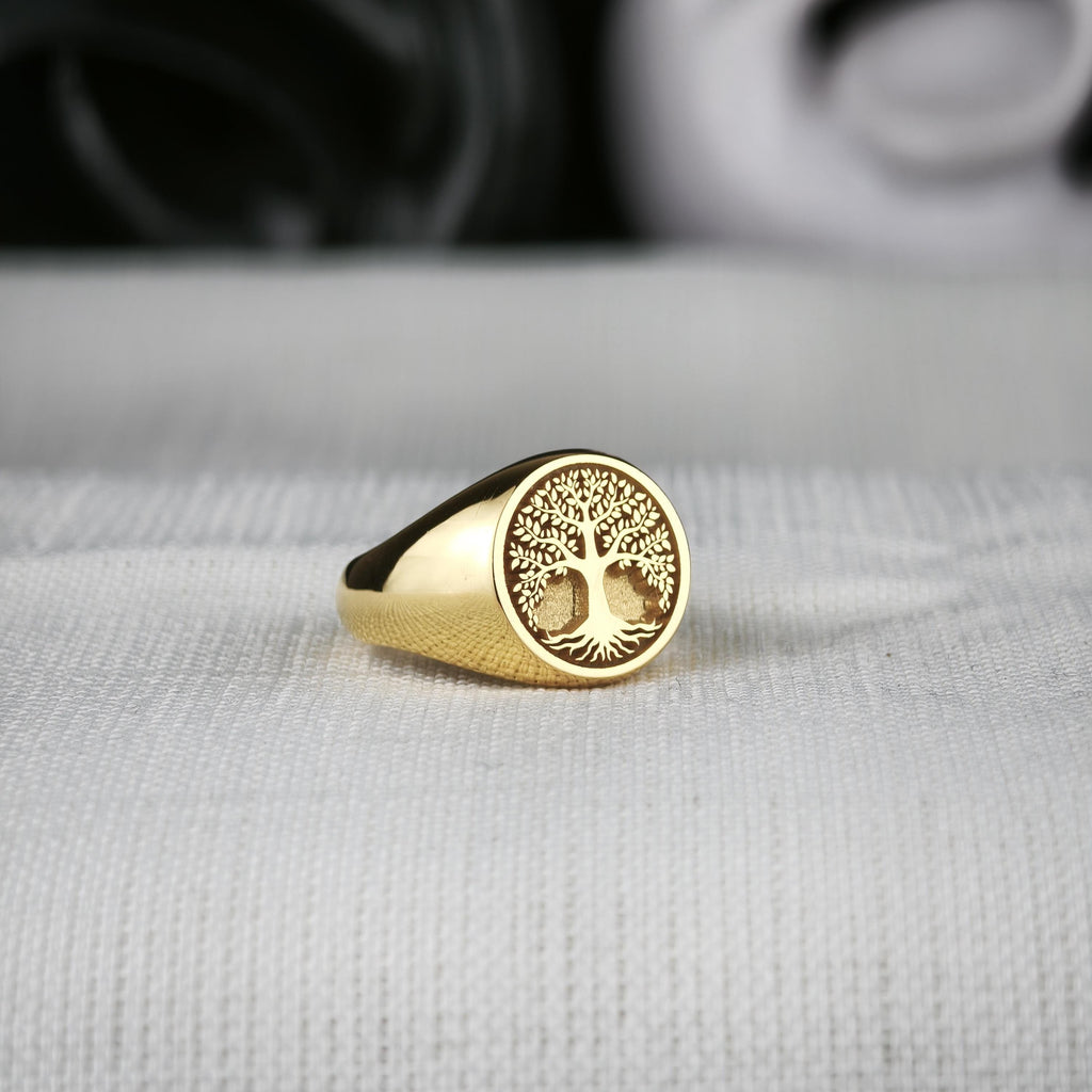 Tree of Life Signet Ring, Sterling Silver or Solid Gold, Engraved Nature Symbol