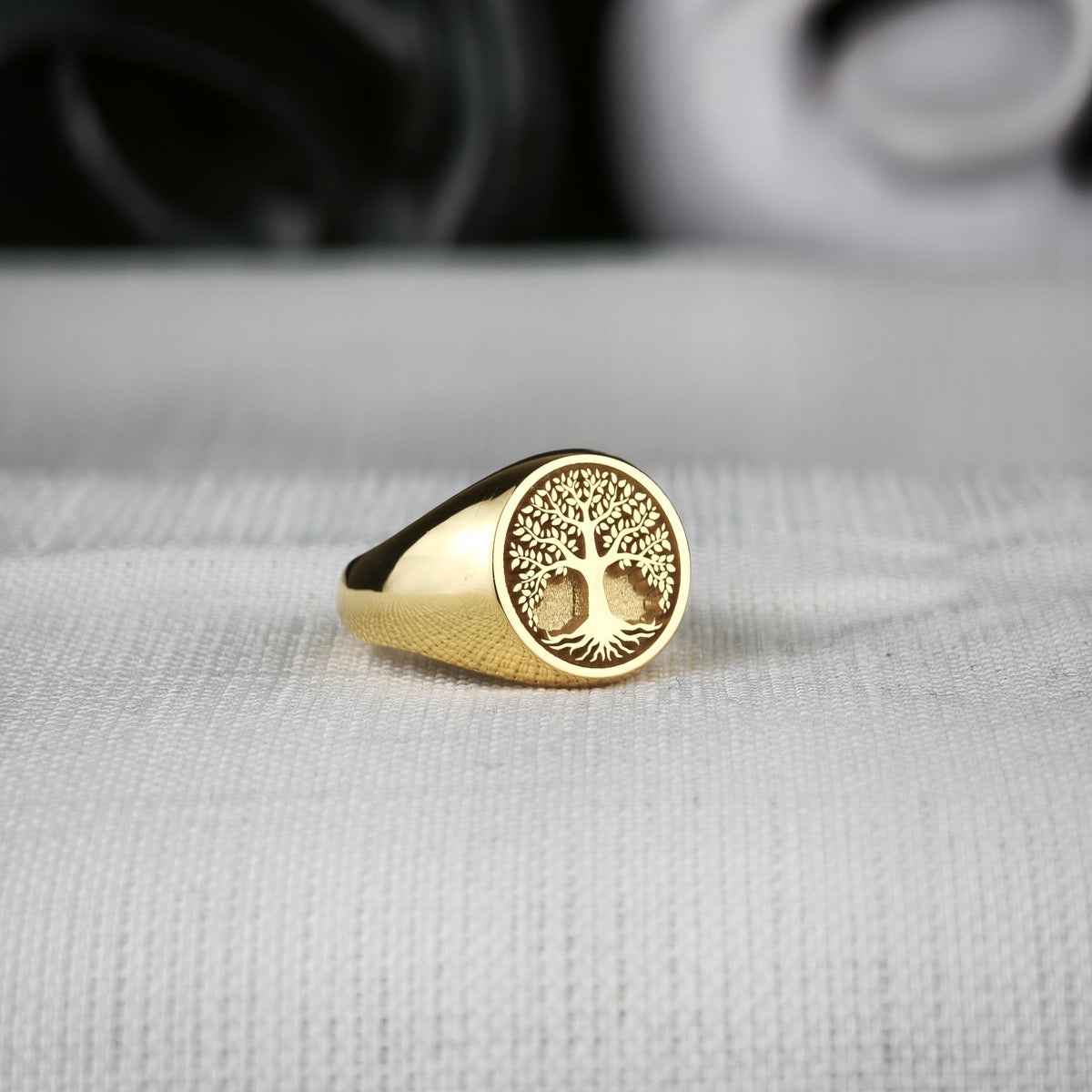 Tree of Life Signet Ring, Sterling Silver or Solid Gold, Engraved Nature Symbol