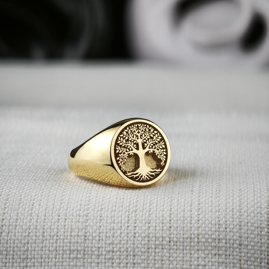 Tree of Life Signet Ring, Sterling Silver or Solid Gold, Engraved Nature Symbol