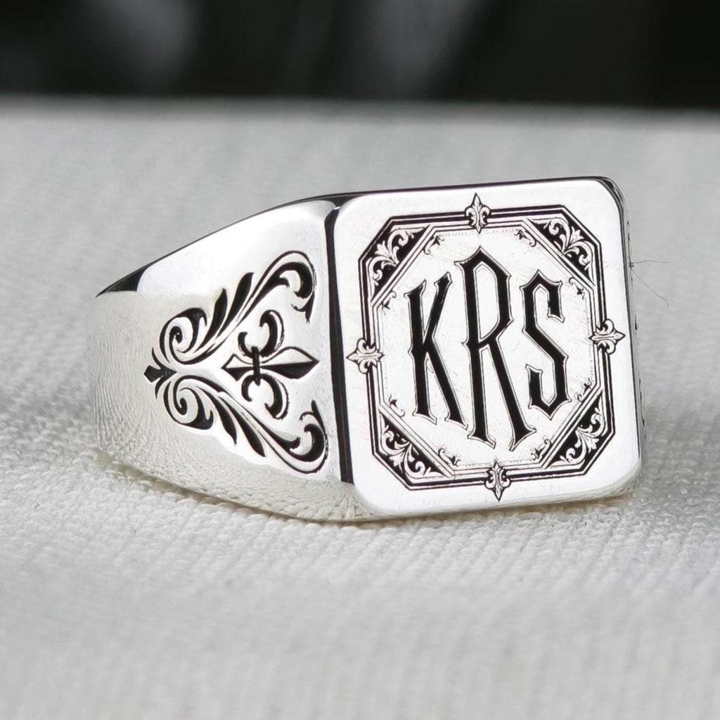 Gothic Monogram Signet Ring, Fleur de Lis Shoulders, Sterling Silver or Gold