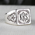 Gothic Monogram Signet Ring, Fleur de Lis Shoulders, Sterling Silver or Gold