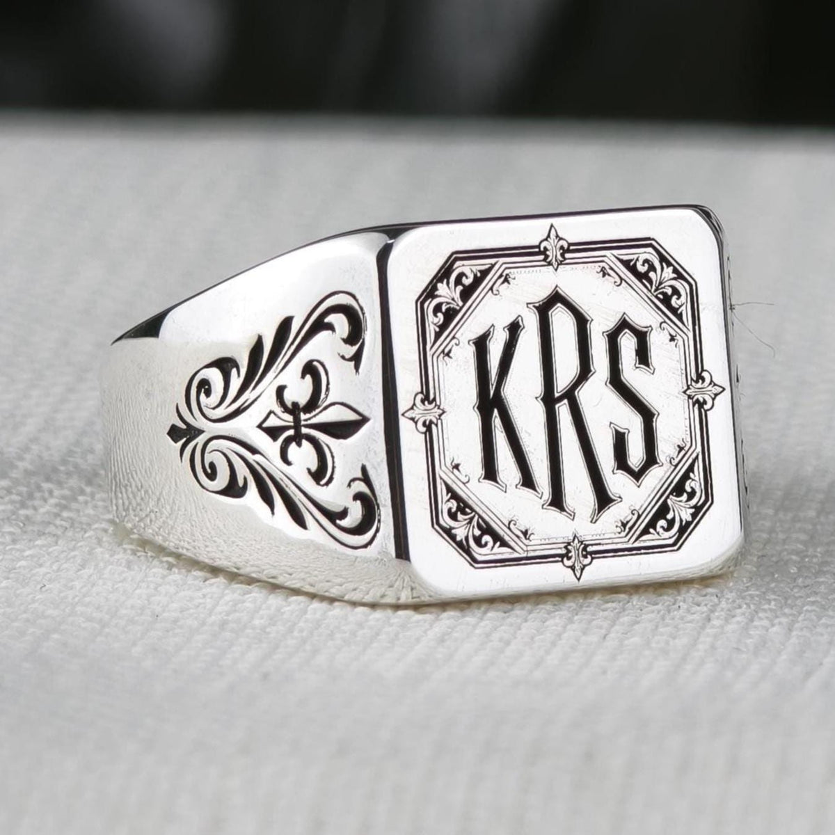 Gothic Monogram Signet Ring, Fleur de Lis Shoulders, Sterling Silver or Gold