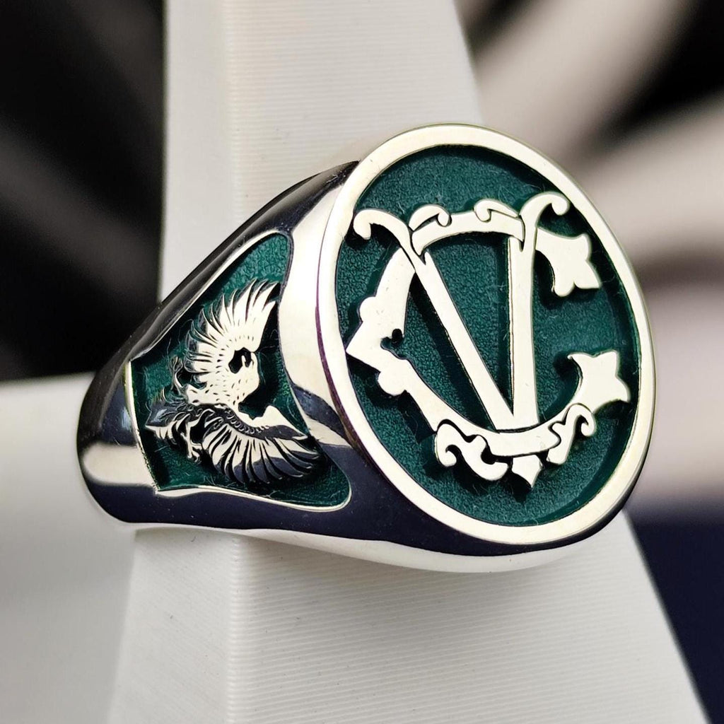 Initial Signet Ring Personalized Letter Ring Green Enamel Gold or Silver Gift