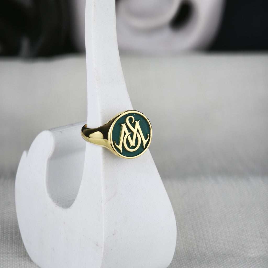 Green Monogram Signet Ring, Custom Two Initial Round Design in Sterling Silver or Gold