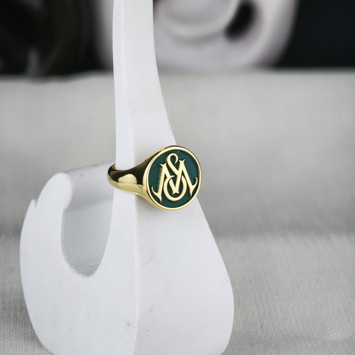 Green Monogram Signet Ring, Custom Two Initial Round Design in Sterling Silver or Gold