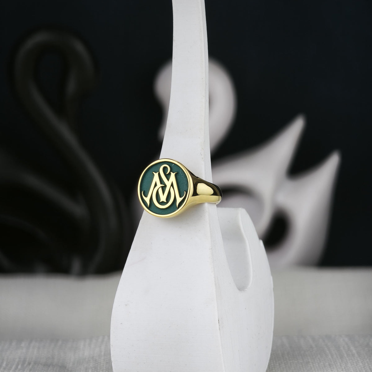 Green Monogram Signet Ring, Custom Two Initial Round Design in Sterling Silver or Gold