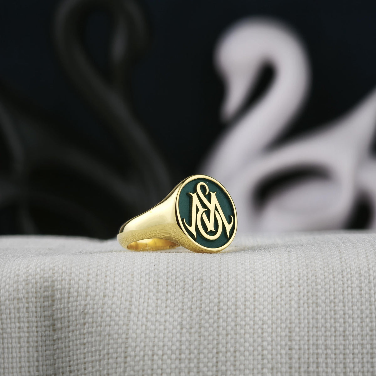 Green Monogram Signet Ring, Custom Two Initial Round Design in Sterling Silver or Gold