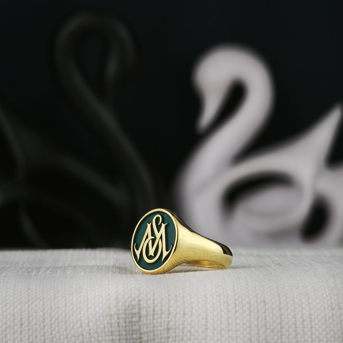 Green Monogram Signet Ring, Custom Two Initial Round Design in Sterling Silver or Gold