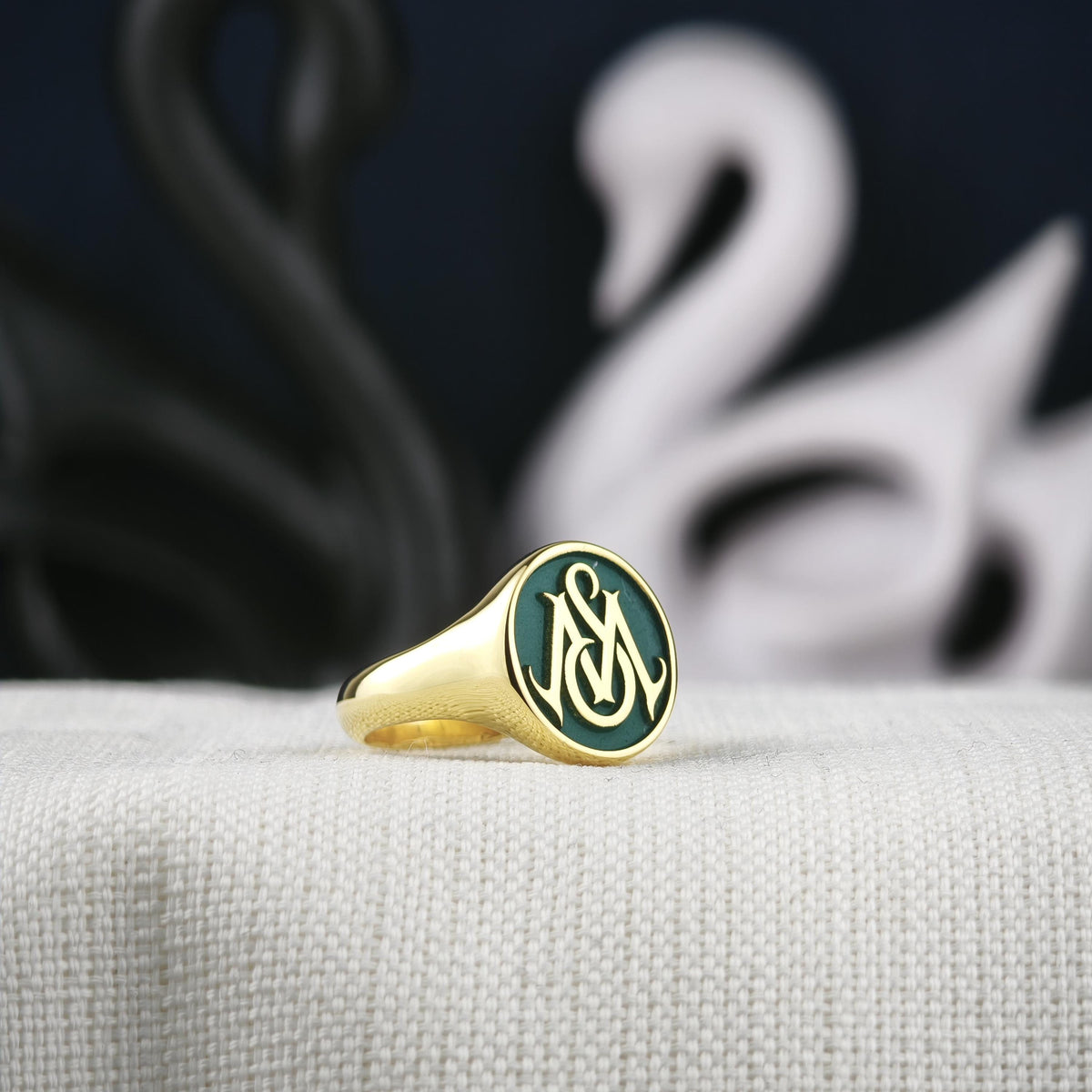 Green Monogram Signet Ring, Custom Two Initial Round Design in Sterling Silver or Gold