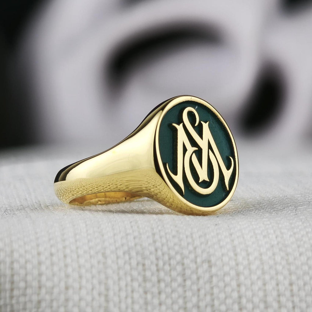 Green Monogram Signet Ring, Custom Two Initial Round Design in Sterling Silver or Gold