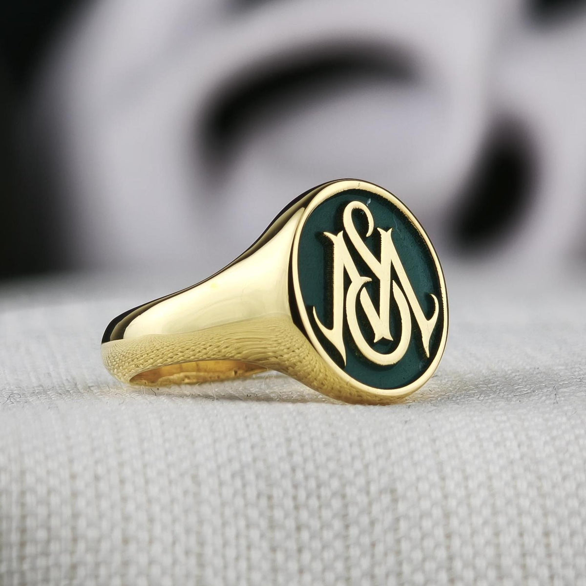 Green Monogram Signet Ring, Custom Two Initial Round Design in Sterling Silver or Gold