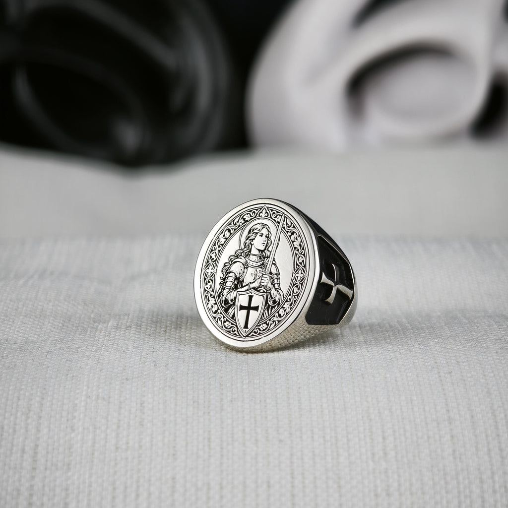 Sterling Silver Saint Joan of Arc Signet Ring, Medieval Armor, Cross Emblem, Oxidized Finish