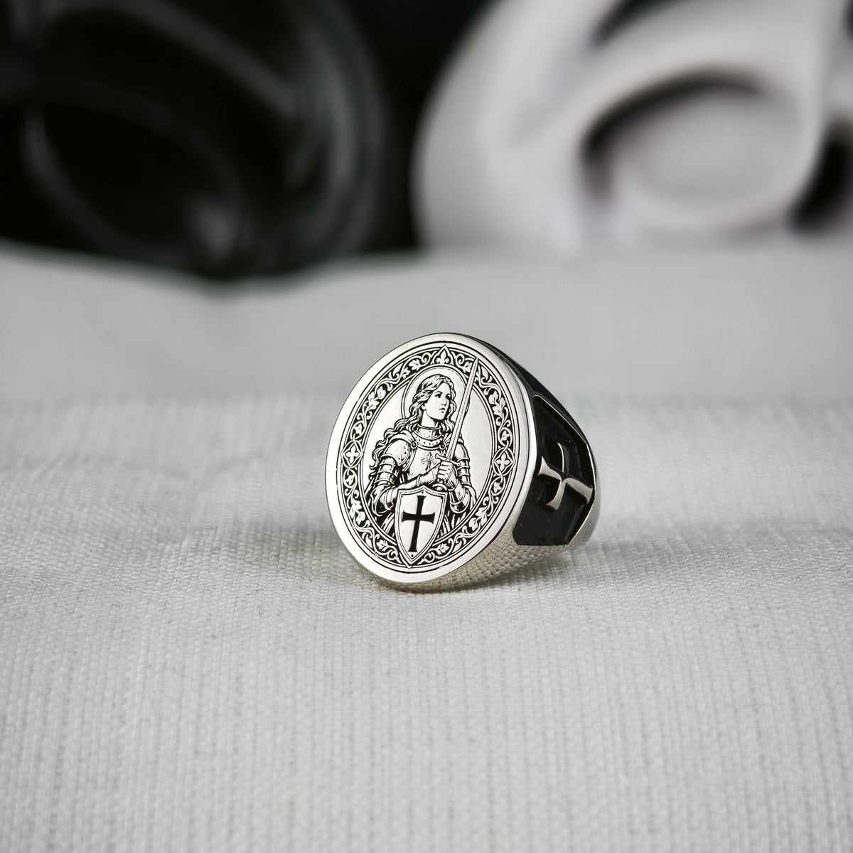 Sterling Silver Saint Joan of Arc Signet Ring, Medieval Armor, Cross Emblem, Oxidized Finish