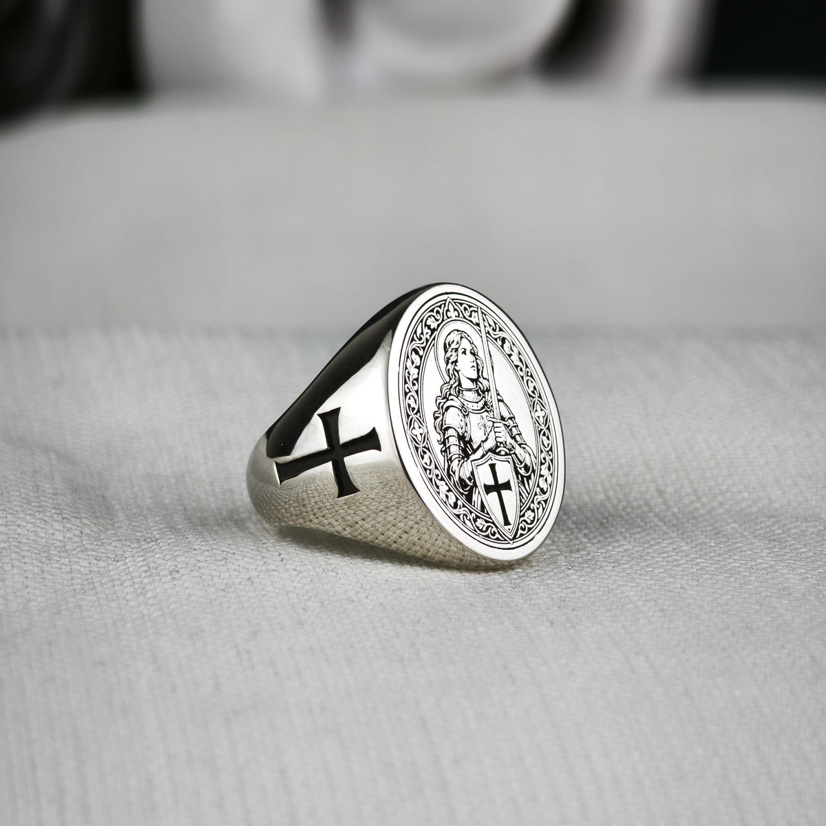 Sterling Silver Saint Joan of Arc Signet Ring, Medieval Armor, Cross Emblem, Oxidized Finish