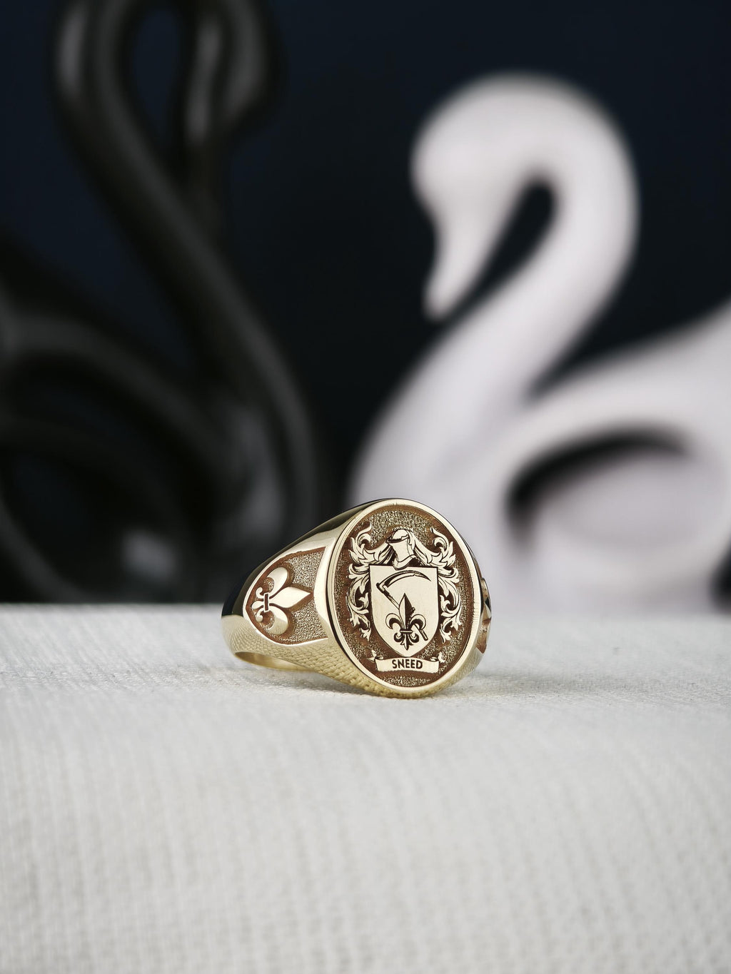 Oval Family Crest Signet Ring, Custom Coat of Arms with Fleur de Lis