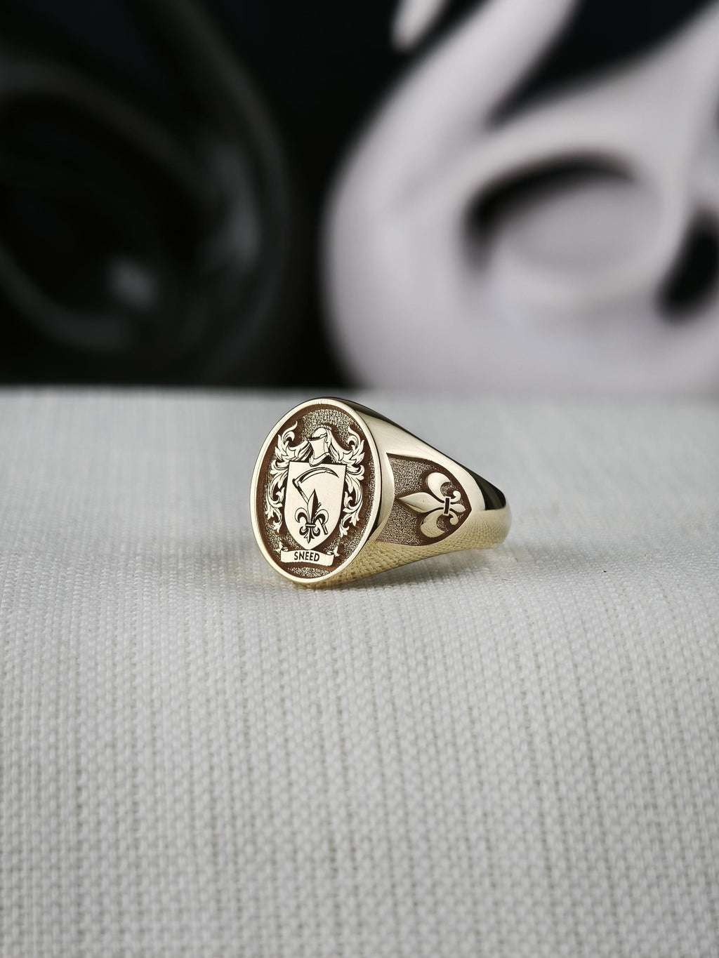 Oval Family Crest Signet Ring, Custom Coat of Arms with Fleur de Lis