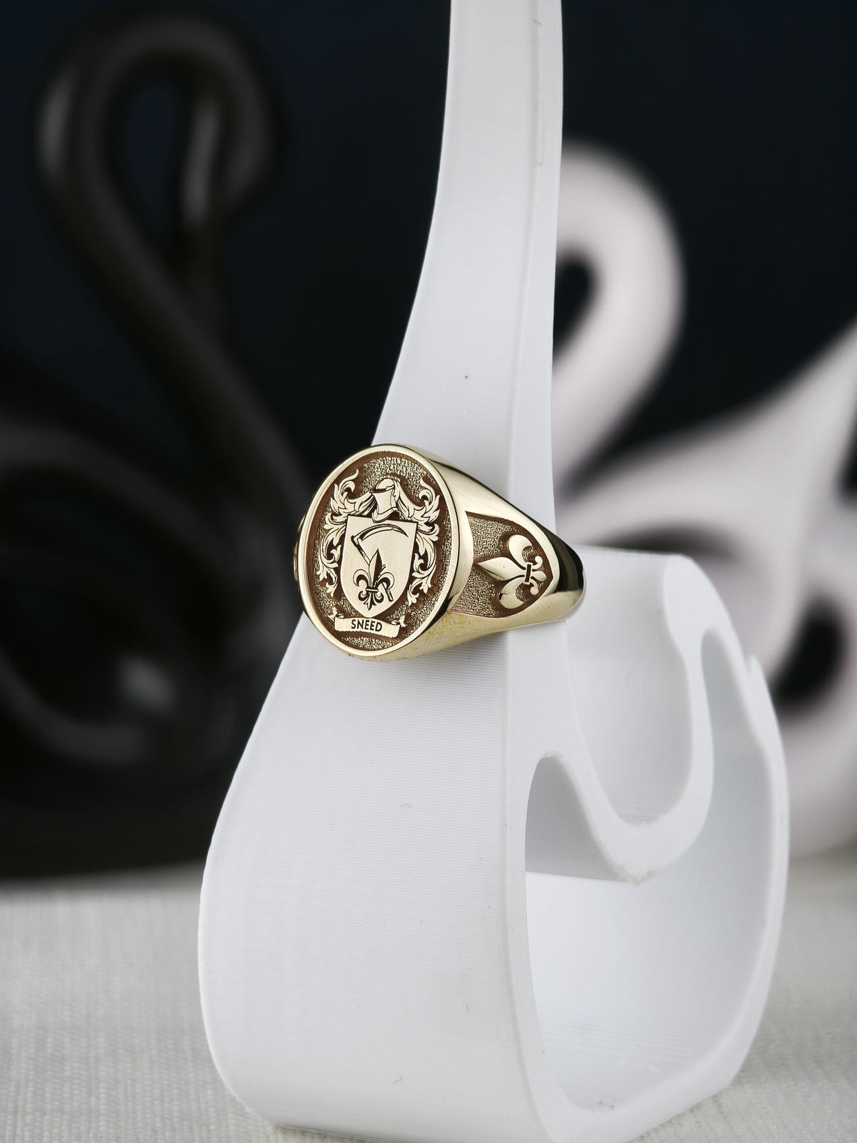 Oval Family Crest Signet Ring, Custom Coat of Arms with Fleur de Lis