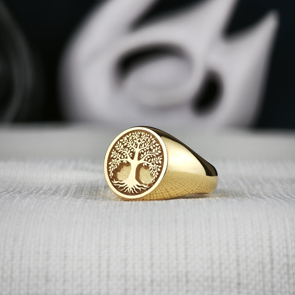 Tree of Life Signet Ring, Sterling Silver or Solid Gold, Engraved Nature Symbol